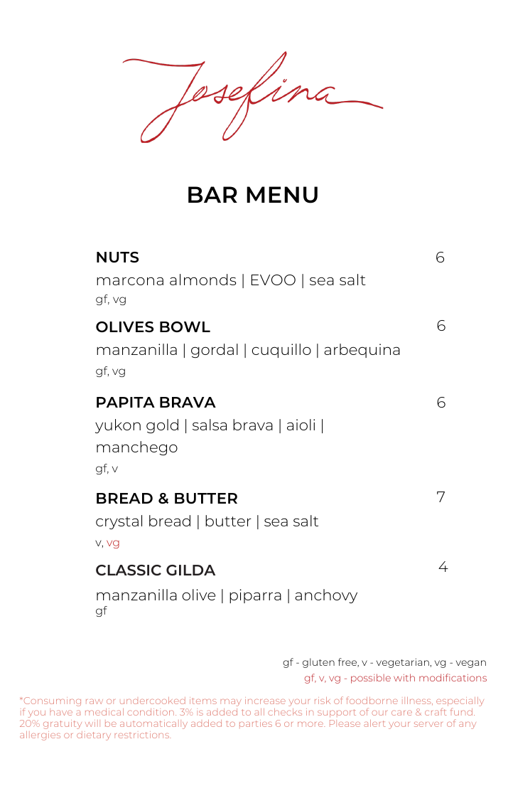 Bar menu page 1
