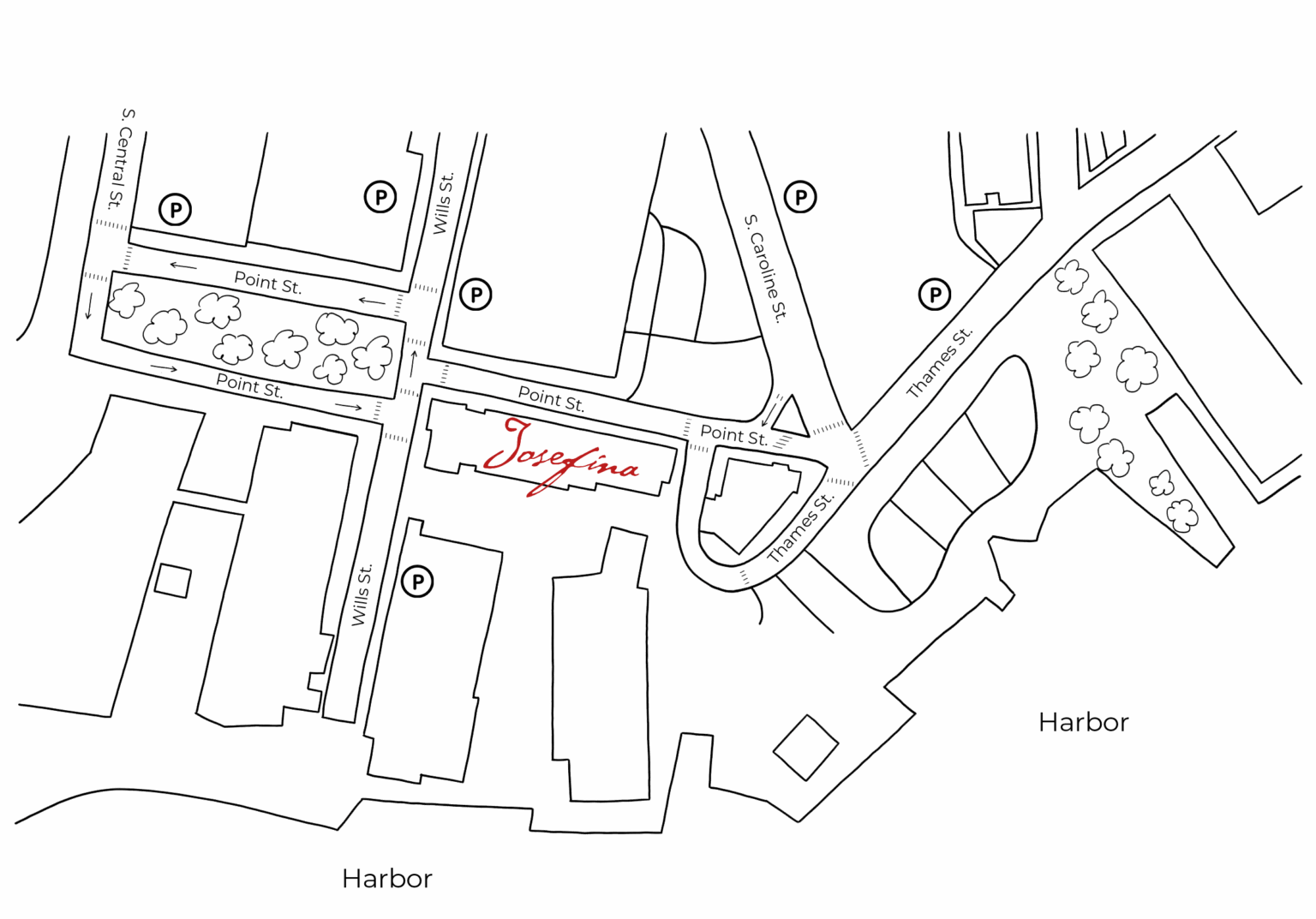 Map showing Josefina and nearby Harbor Point parking garages